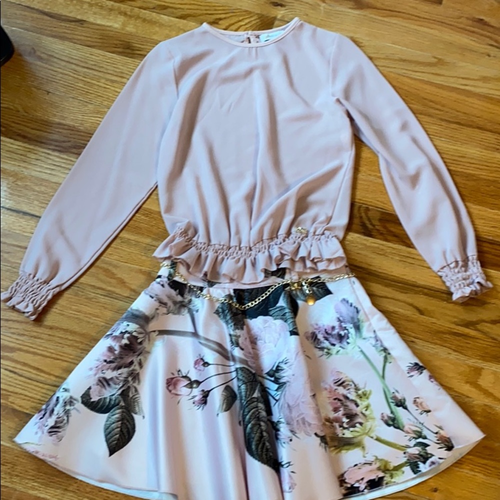 Chiffon soft pink shirt, & floral mini skirt set
